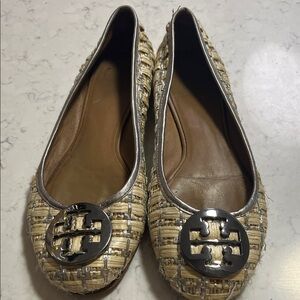 Woven Straw Ballet Flats with Silver Logo Accent - Natural